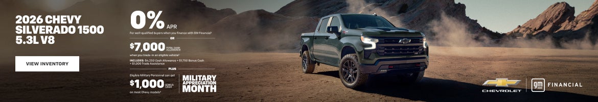 2026 Chevy Silverado 1500 5.3L V8. 0% APR For well-qualified buyers when you finance with GM Fina...